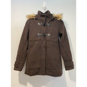 NEW Coffee Shop Duffle Jacket Womens XS Brown Wool Blend Faux Fur Hood Pockets